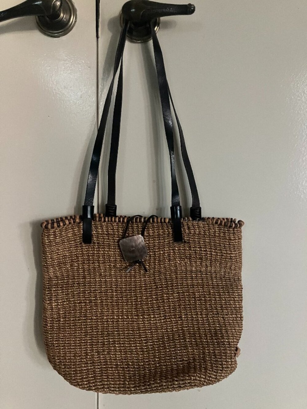 Nine West Seagrass Woven Bag with Beaded Edge and Black Leather Straps - Damaged